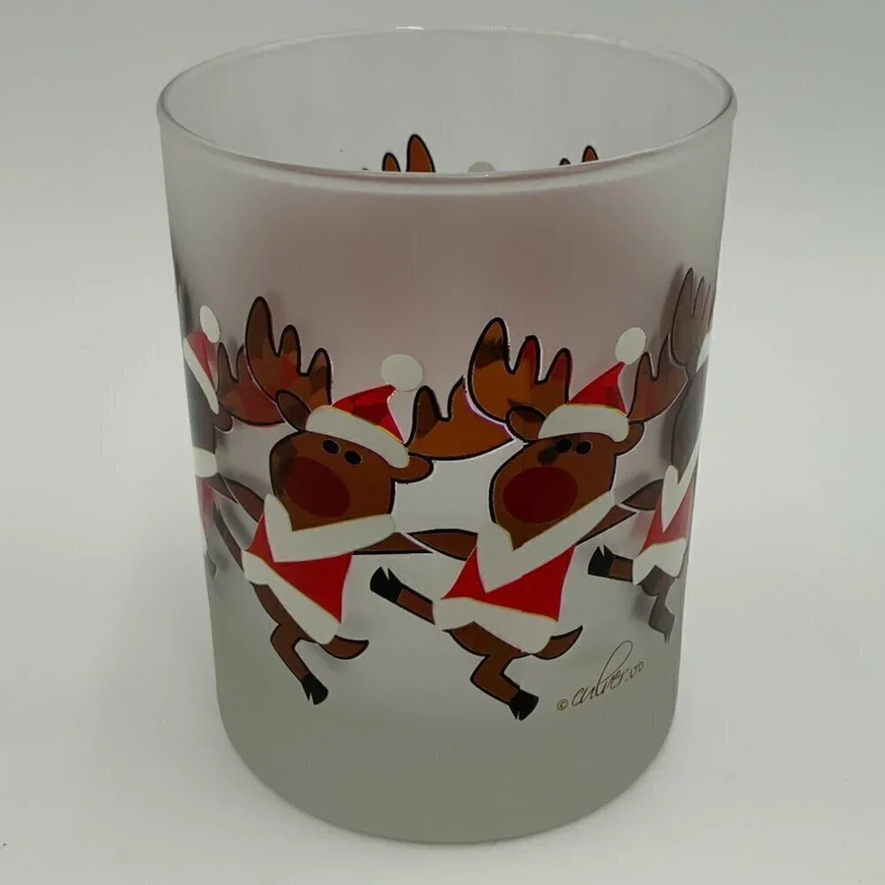 Culver Frosted Dancing Reindeer Old Fashion Low Ball Glass #12122